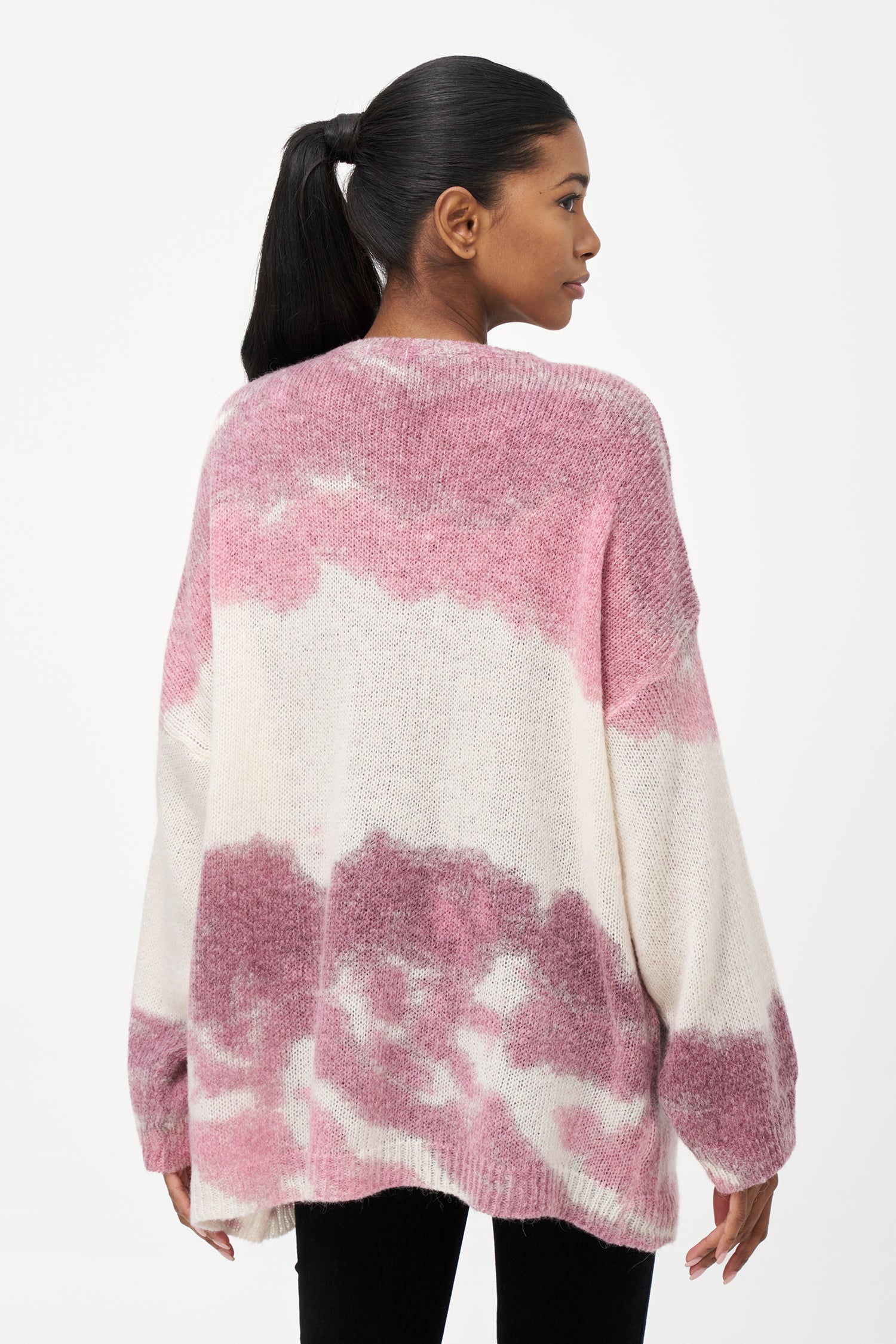 red and white mohair blend sweater with soft brushed texture, relaxed fit, and front pocket for cozy everyday wear.