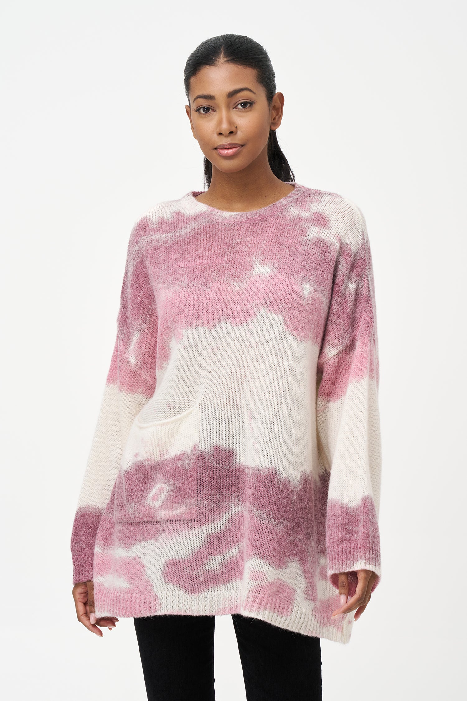 red and white mohair blend sweater with soft brushed texture, relaxed fit, and front pocket for cozy everyday wear.