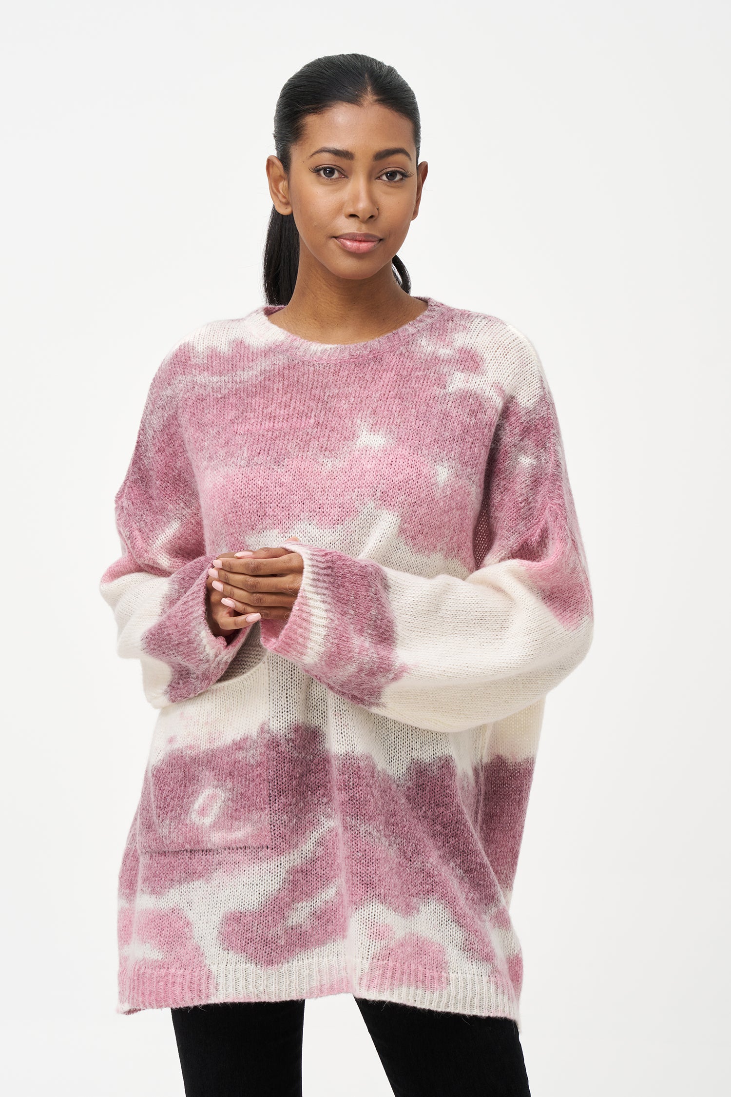 red and white mohair blend sweater with soft brushed texture, relaxed fit, and front pocket for cozy everyday wear.