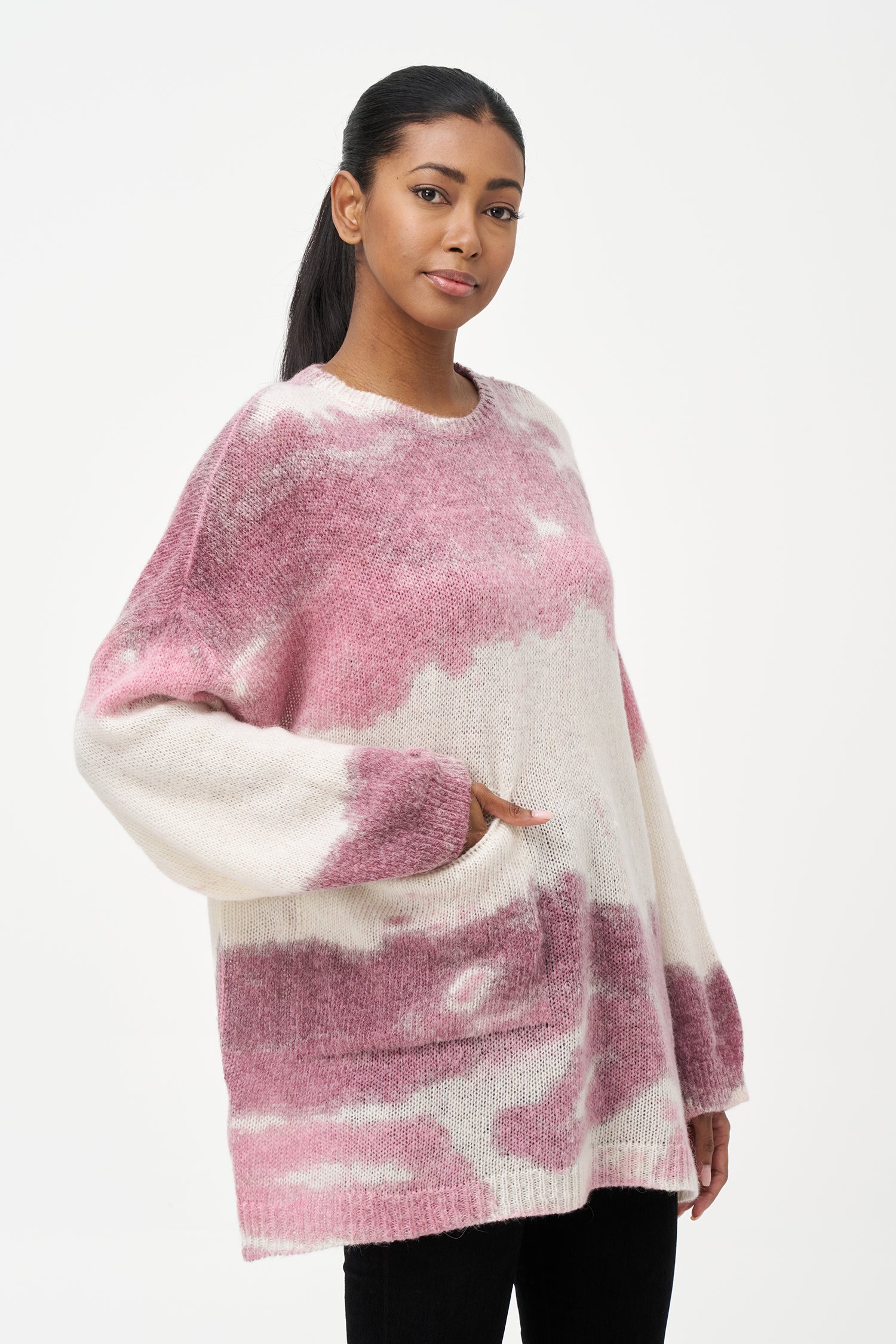 red and white mohair blend sweater with soft brushed texture, relaxed fit, and front pocket for cozy everyday wear.