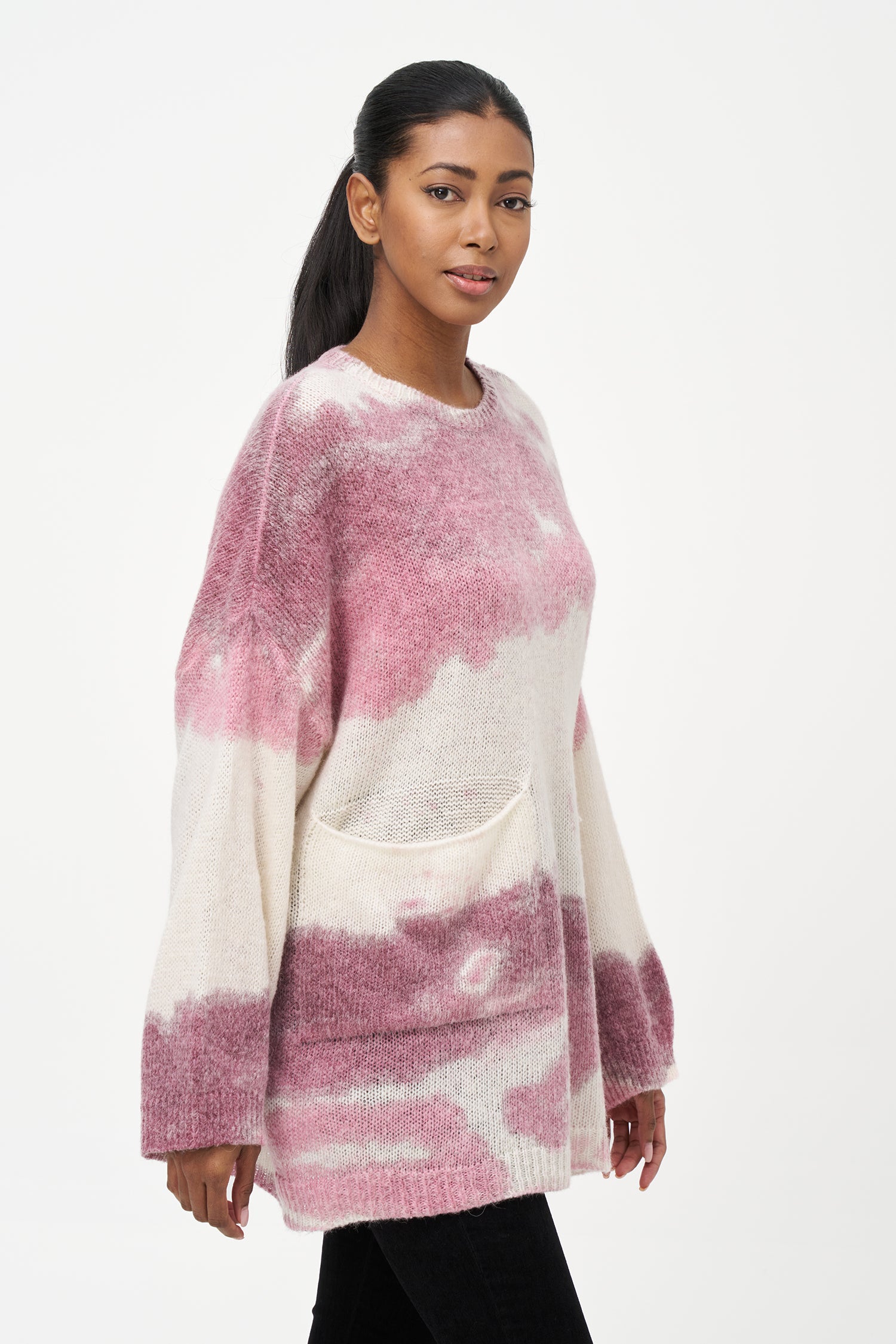 red and white mohair blend sweater with soft brushed texture, relaxed fit, and front pocket for cozy everyday wear.