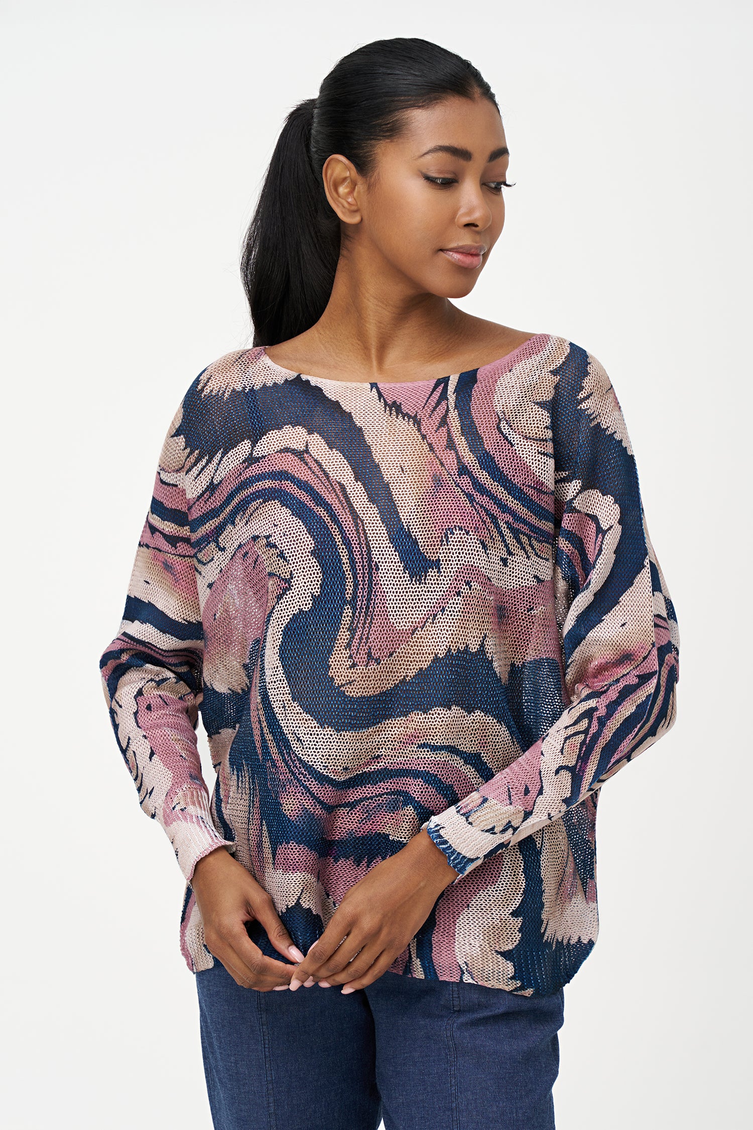 Long sleeve sweater with swirl print, round neckline and relaxed fit in beige, black and blue tones