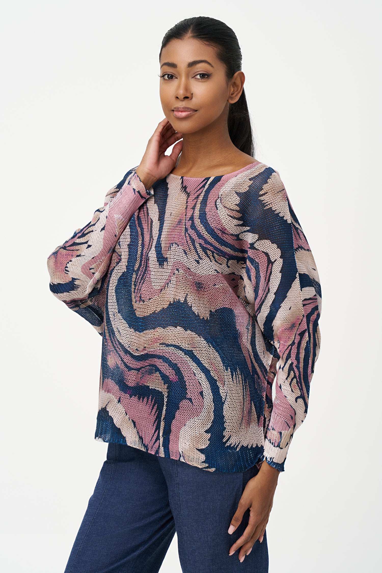 Long sleeve sweater with swirl print, round neckline and relaxed fit in beige, black and blue tones
