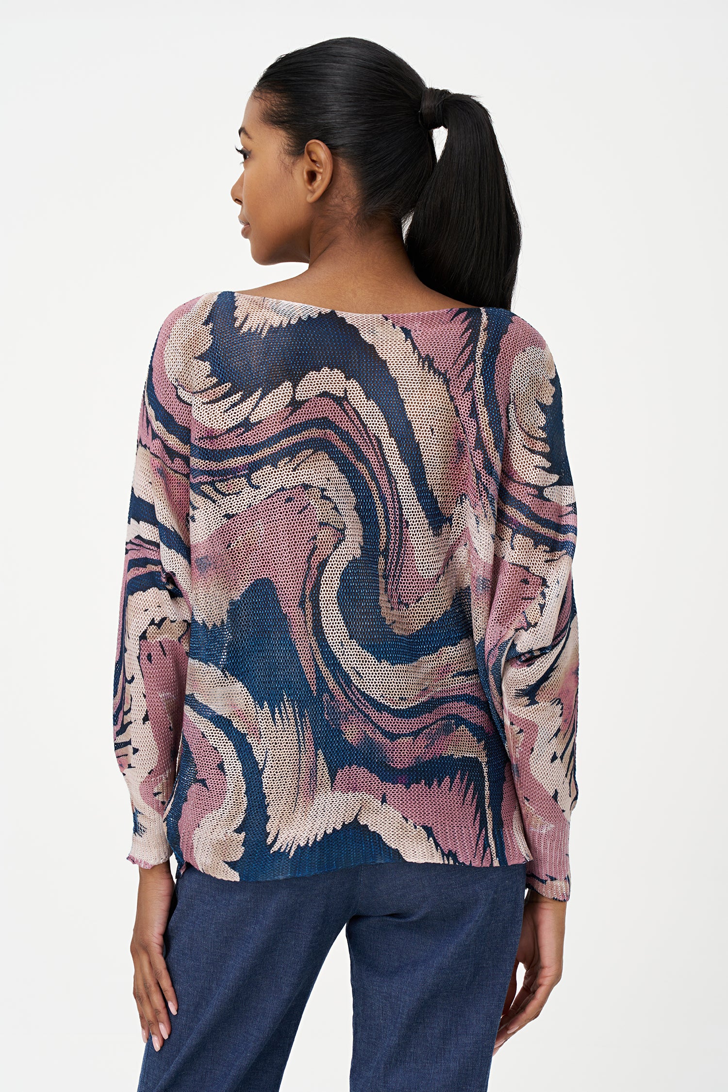 Long sleeve sweater with swirl print, round neckline and relaxed fit in beige, black and blue tones