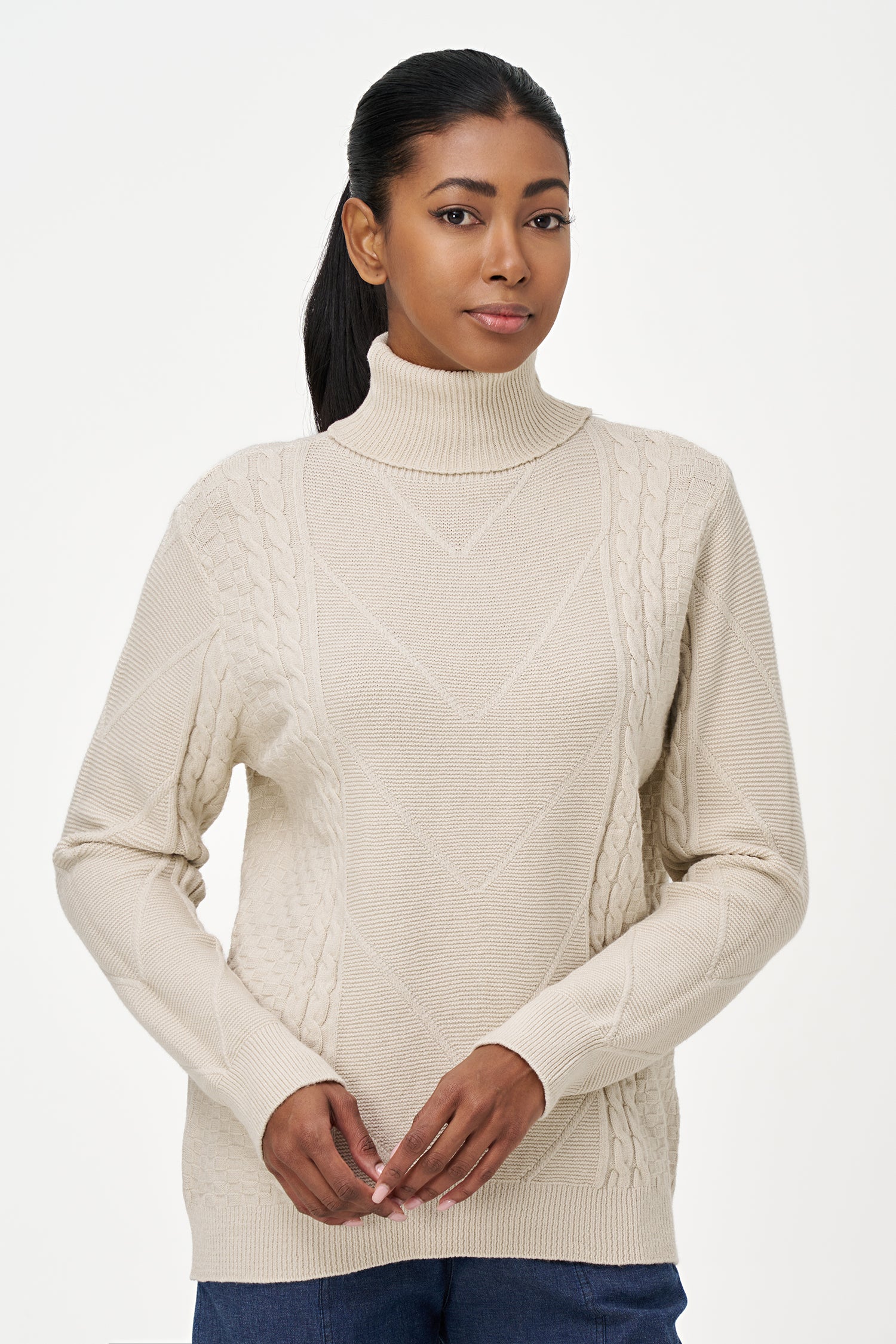 White turtleneck sweater with cable knit details and ribbed cuffs, crafted in a viscose blend for a cozy yet refined everyday look.