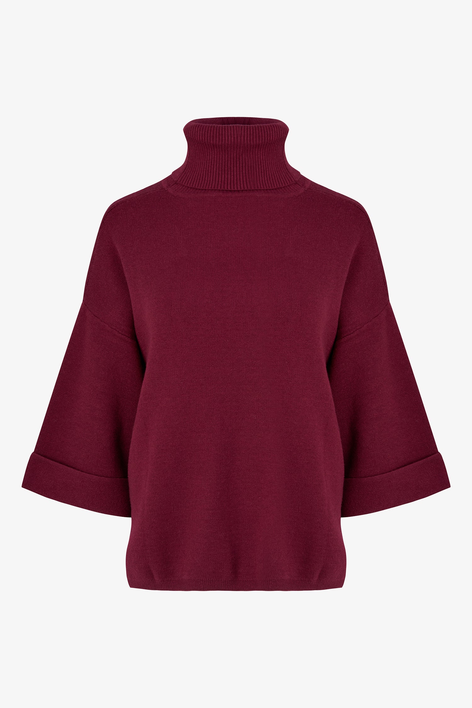 red turtleneck top with wide 3/4 sleeves, folded cuffs, and a structured silhouette for casual or polished styling.